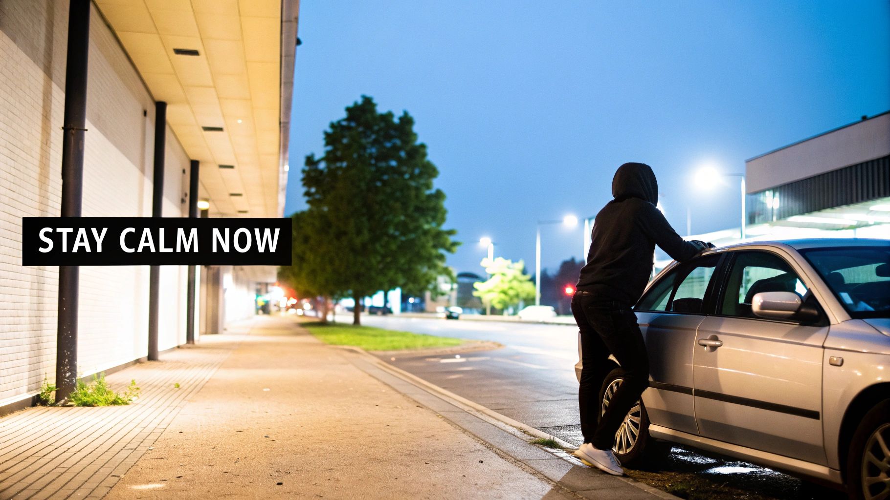 A person in a dark hoodie leans on a silver car at night, suggesting car trouble.