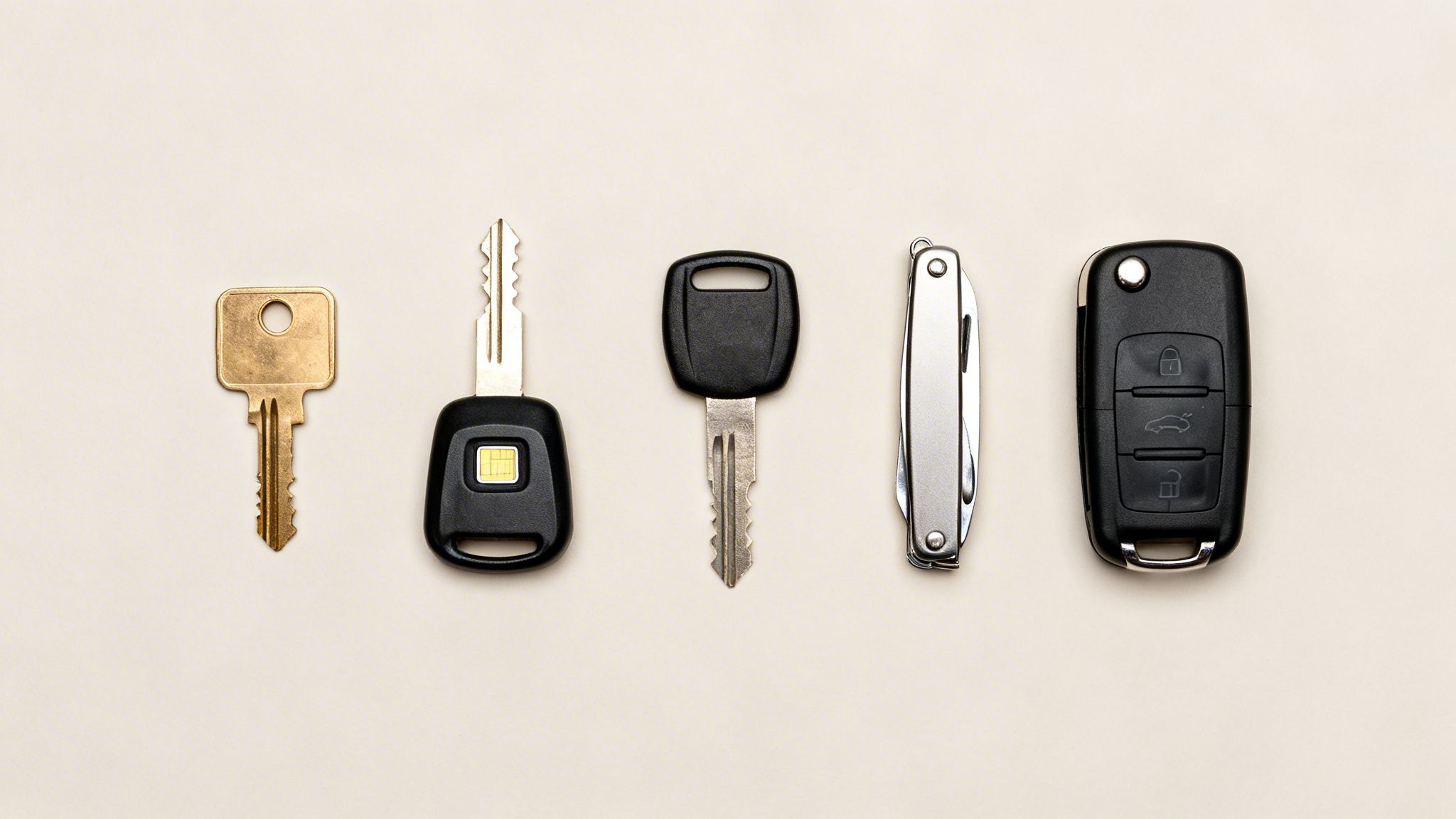 A lineup of various keys, including a house key, car keys, and a multi-tool on a light background.