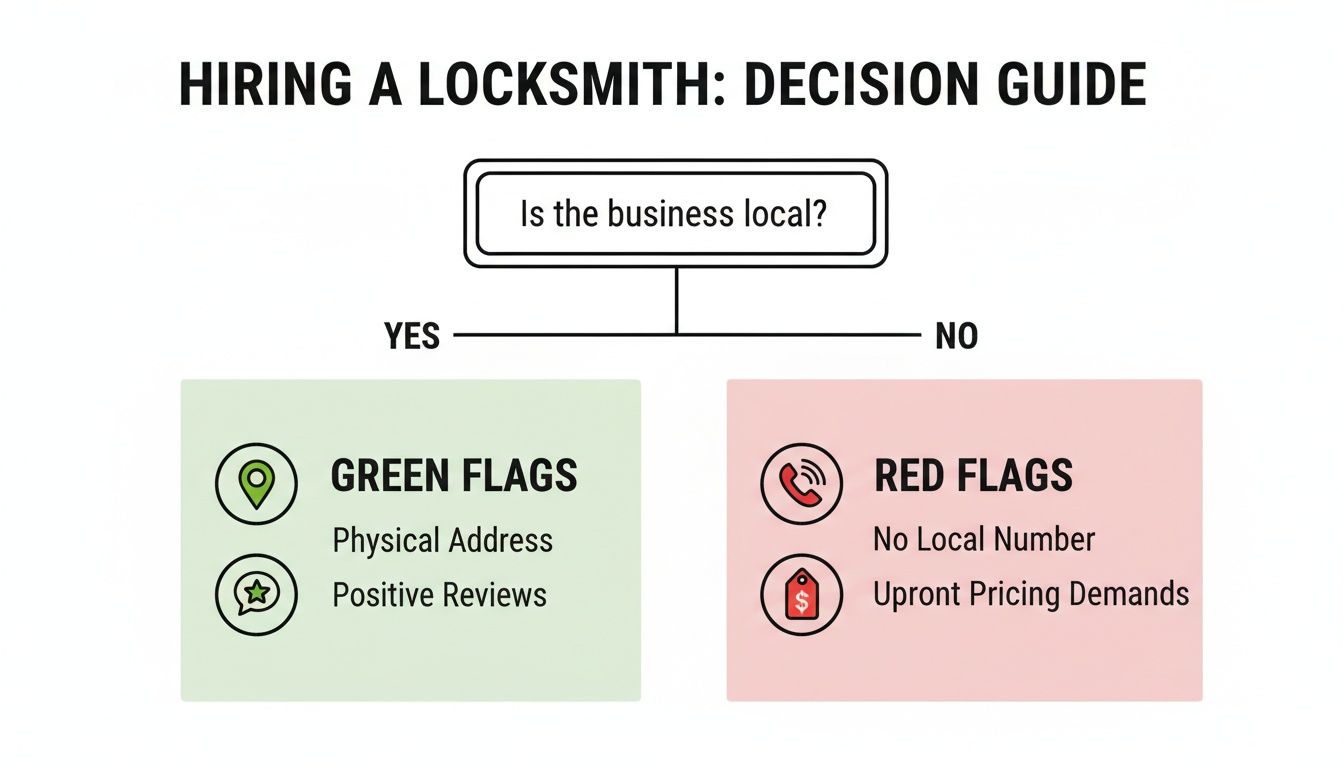Flowchart for hiring a locksmith, showing green flags for local and red flags for non-local businesses.