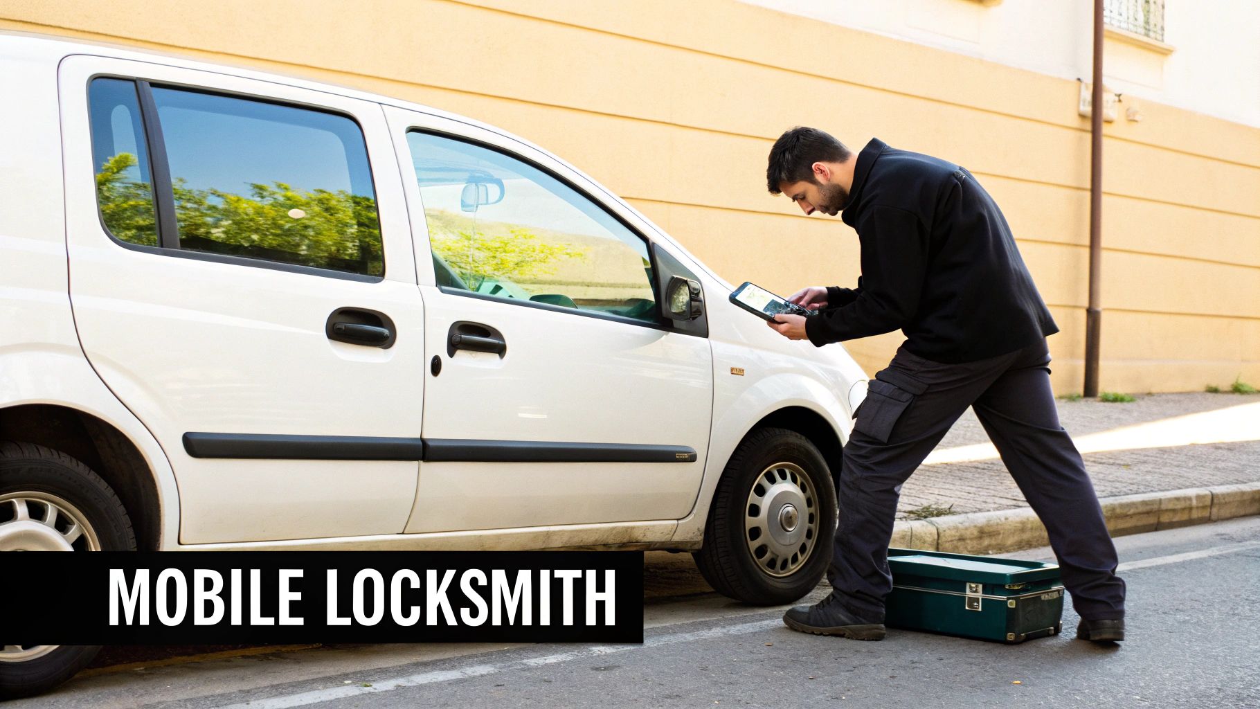 A mobile locksmith in a black jacket working on a white van, holding a tablet.