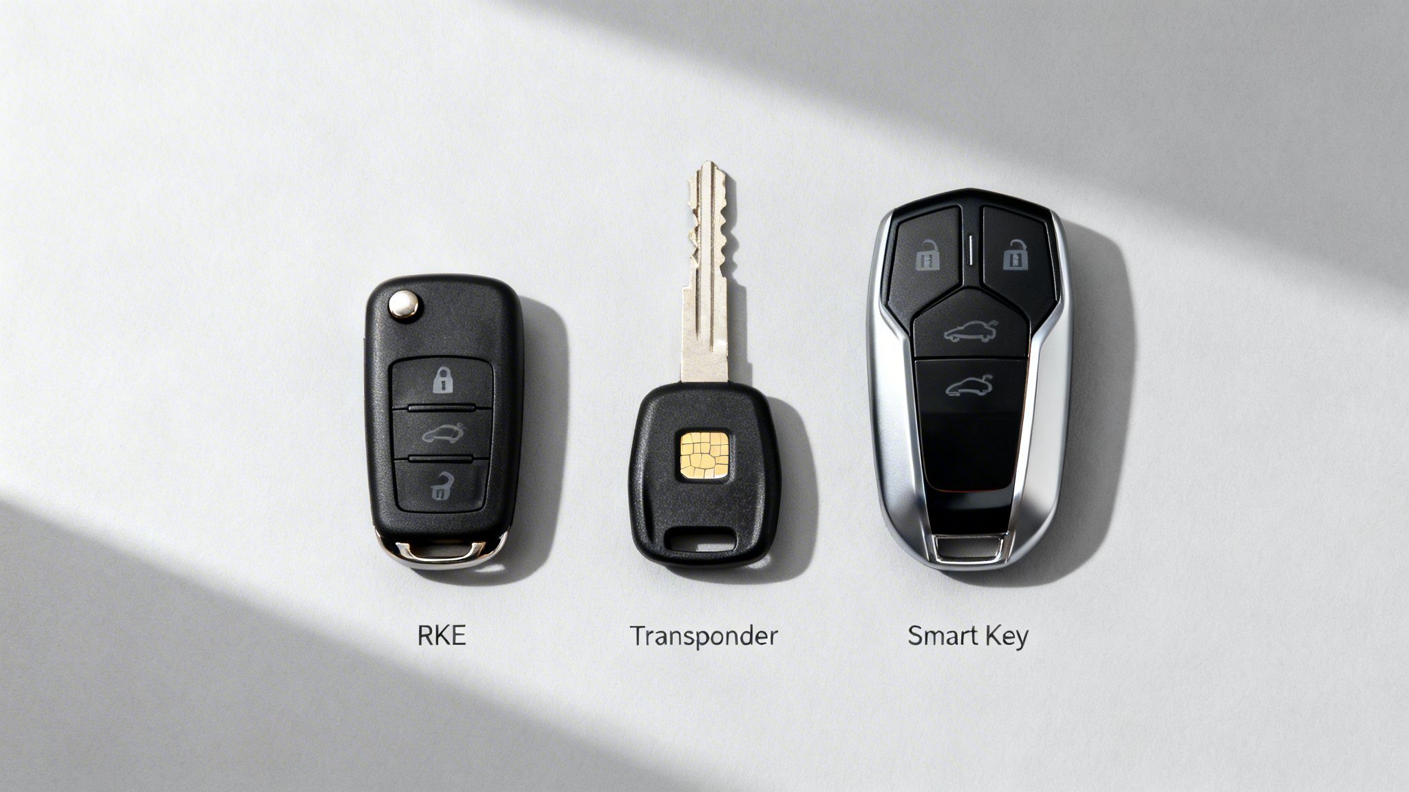 Three types of car keys: RKE remote, transponder key with chip, and smart key fob, on a white background.