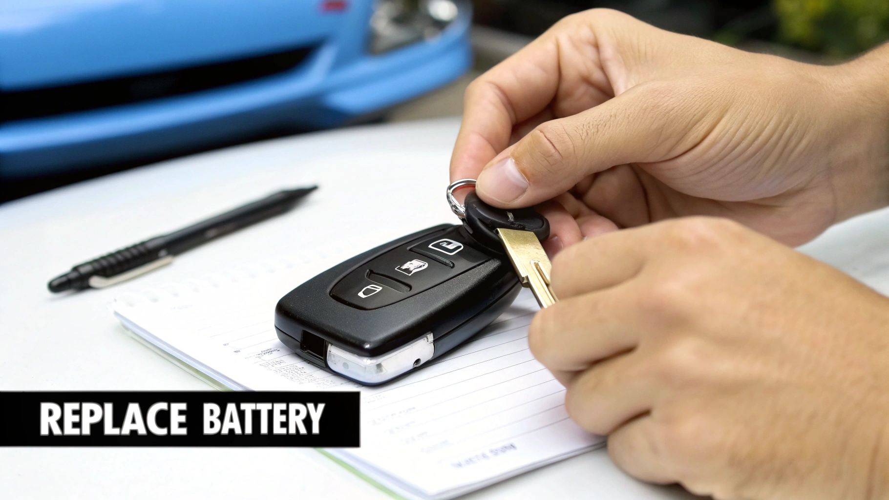Hands holding a car key fob and a metal key, preparing to replace the battery, with a notebook and pen on a table.