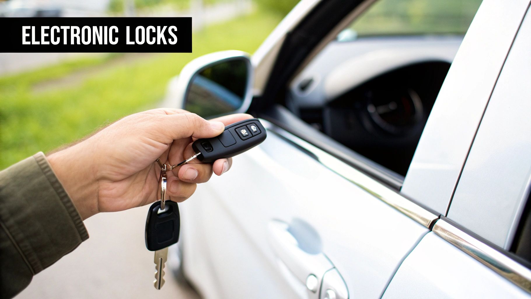 A person's hand holding an electronic car key fob and a traditional key next to a white car door.