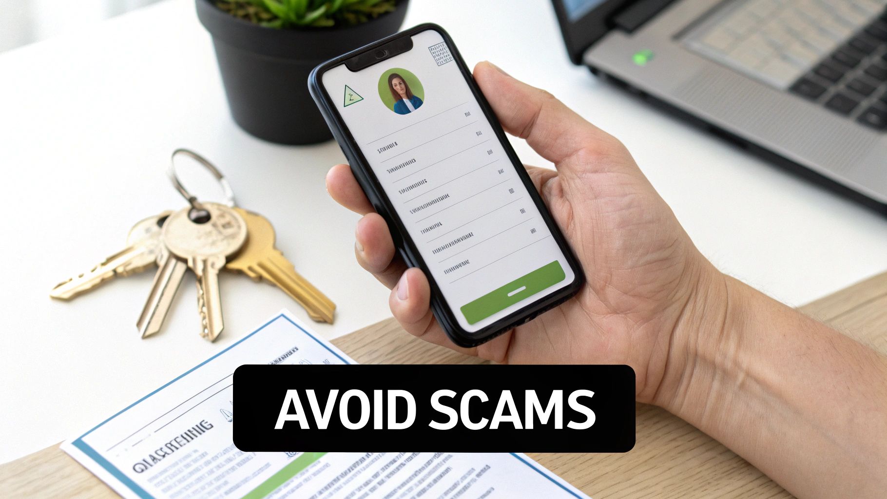 A hand holds a smartphone showing a user profile, with keys and documents on a desk, and 'AVOID SCAMS' text.
