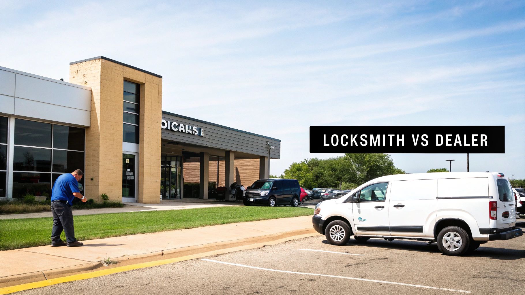 A locksmith works outside a building with a white service van nearby, discussing 'LOCKSMITH VS DEALER'.