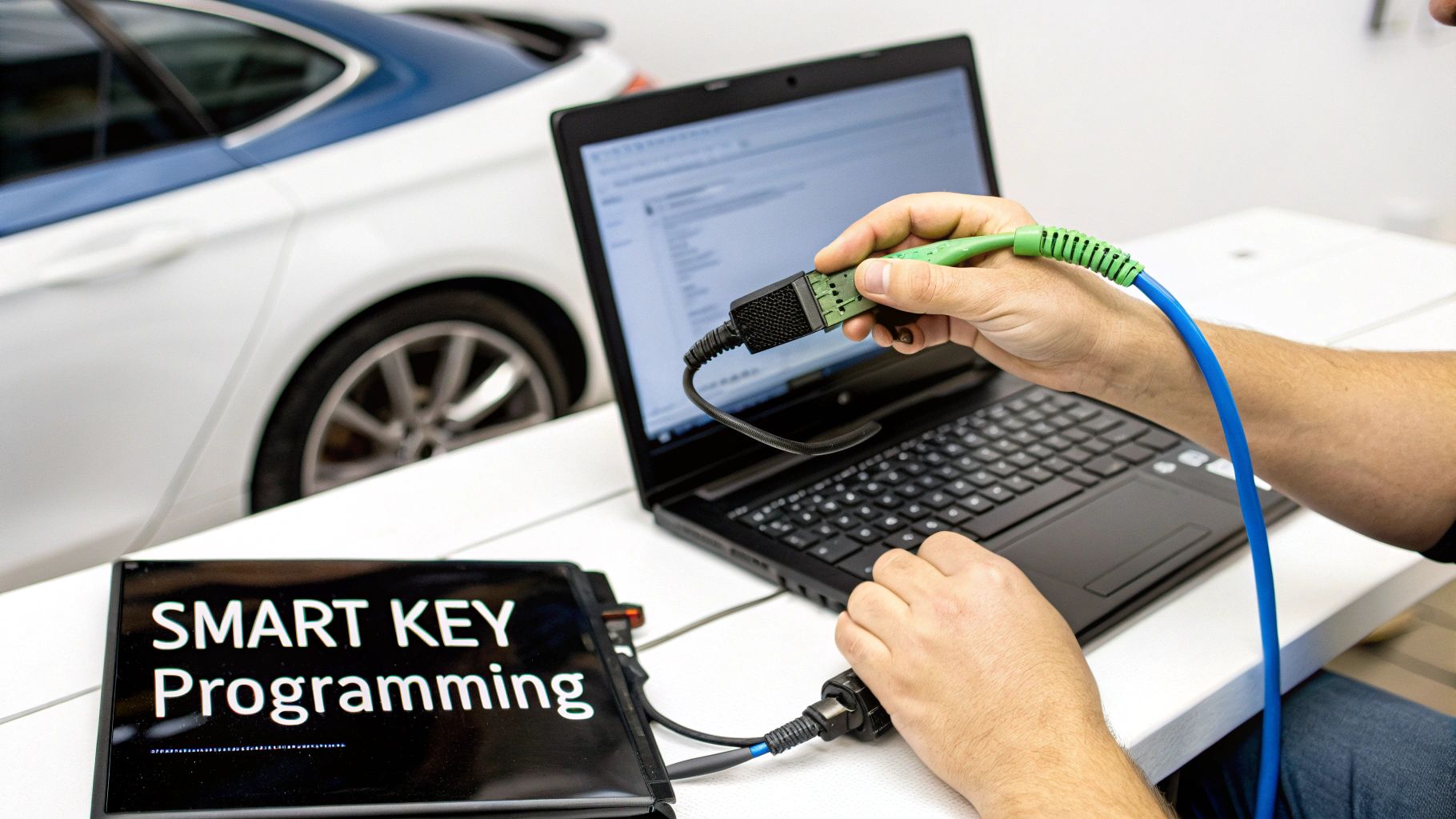 A person connects a smart key programming device to a laptop, with a car in the background, for key duplication.