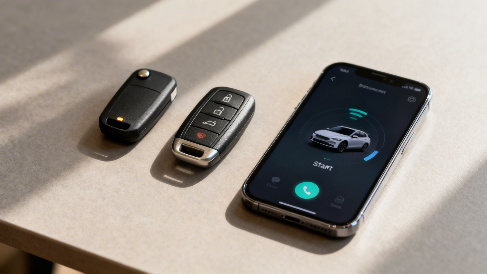 Close-up of two car key fobs and a smartphone showing a remote start car app.