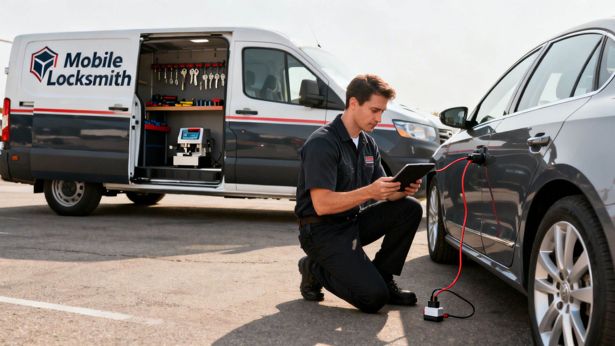 A mobile locksmith technician programs a car key fob using a tablet while kneeling beside a gray car, with a service van in the background.