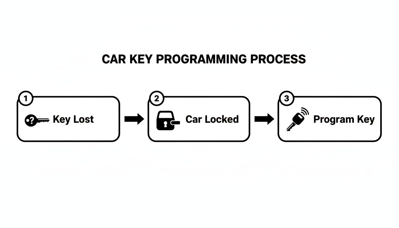 Flowchart illustrating the car key programming process from a lost key to programming a new one.