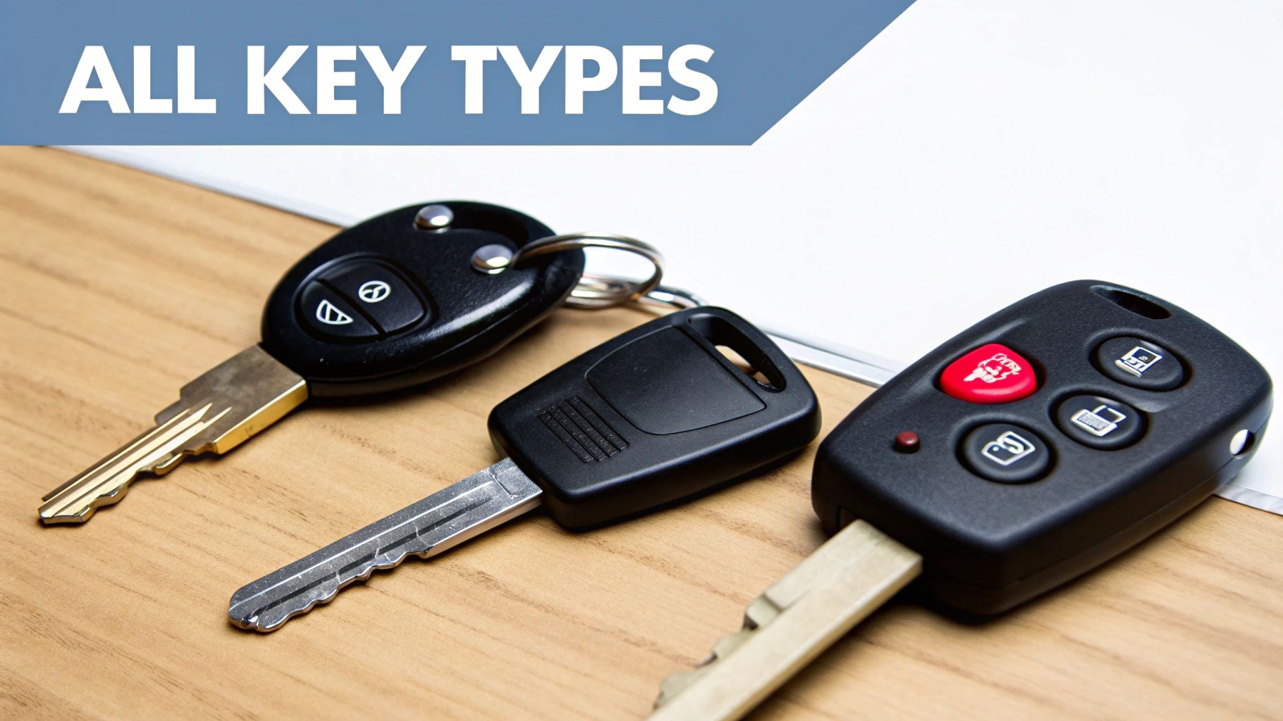 Three distinct types of car keys, including fobs and traditional blades, on a wooden surface.