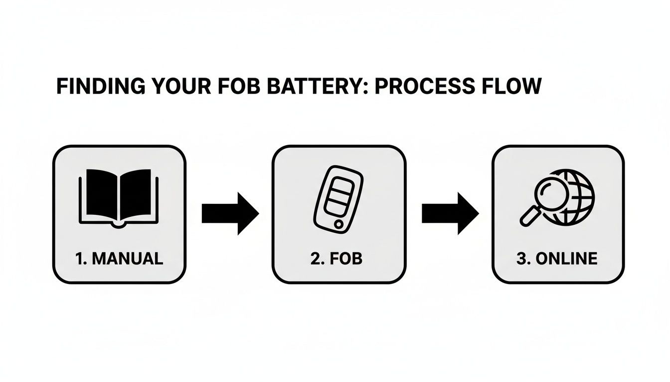 A process flow diagram illustrating three steps to find your car key fob battery type.