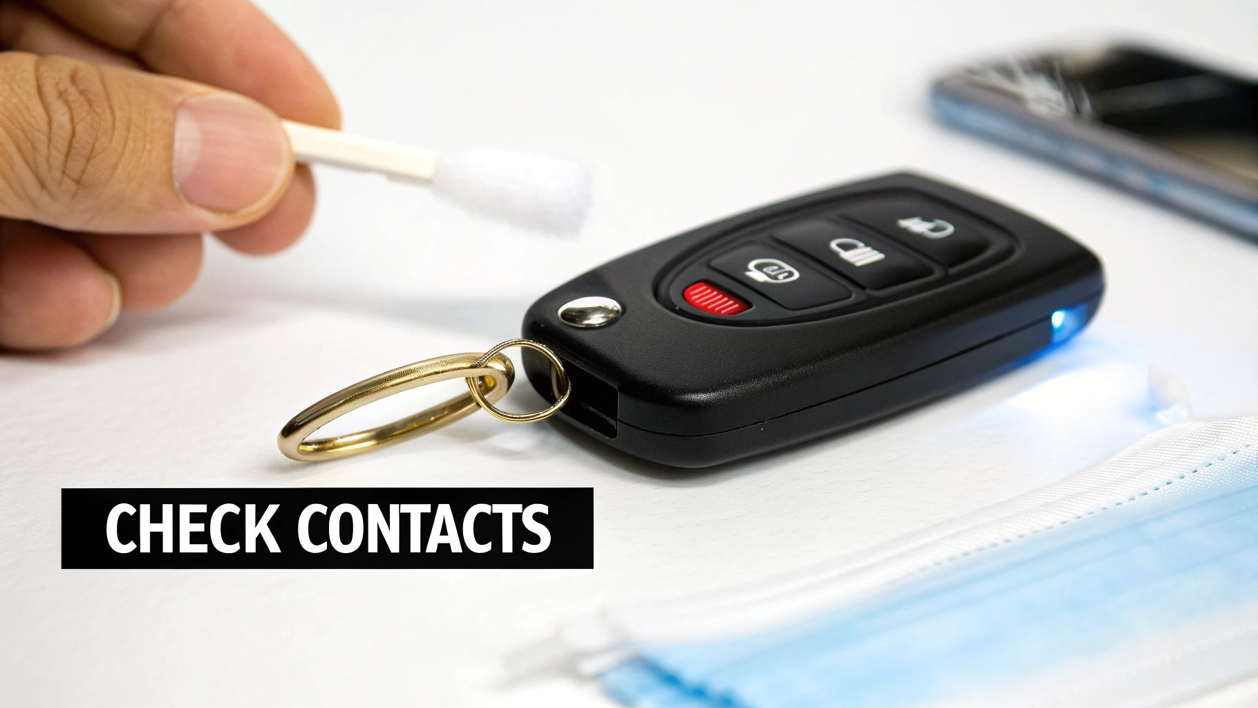 A hand cleaning a black car key fob with a cotton swab, next to a face mask.