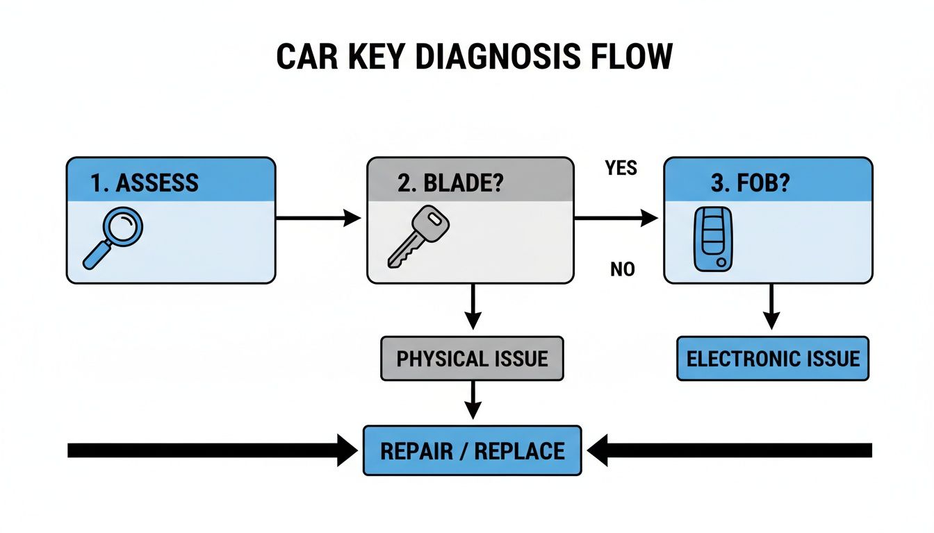 Flowchart illustrating a car key diagnosis process from assessment to repair or replacement.