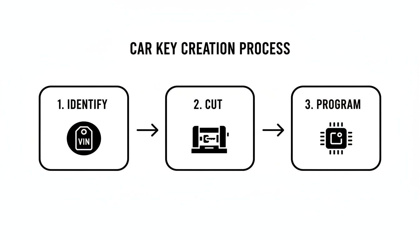 A flowchart illustrating the 3-step car key creation process: 1. Identify (VIN), 2. Cut (key machine), 3. Program (microchip).