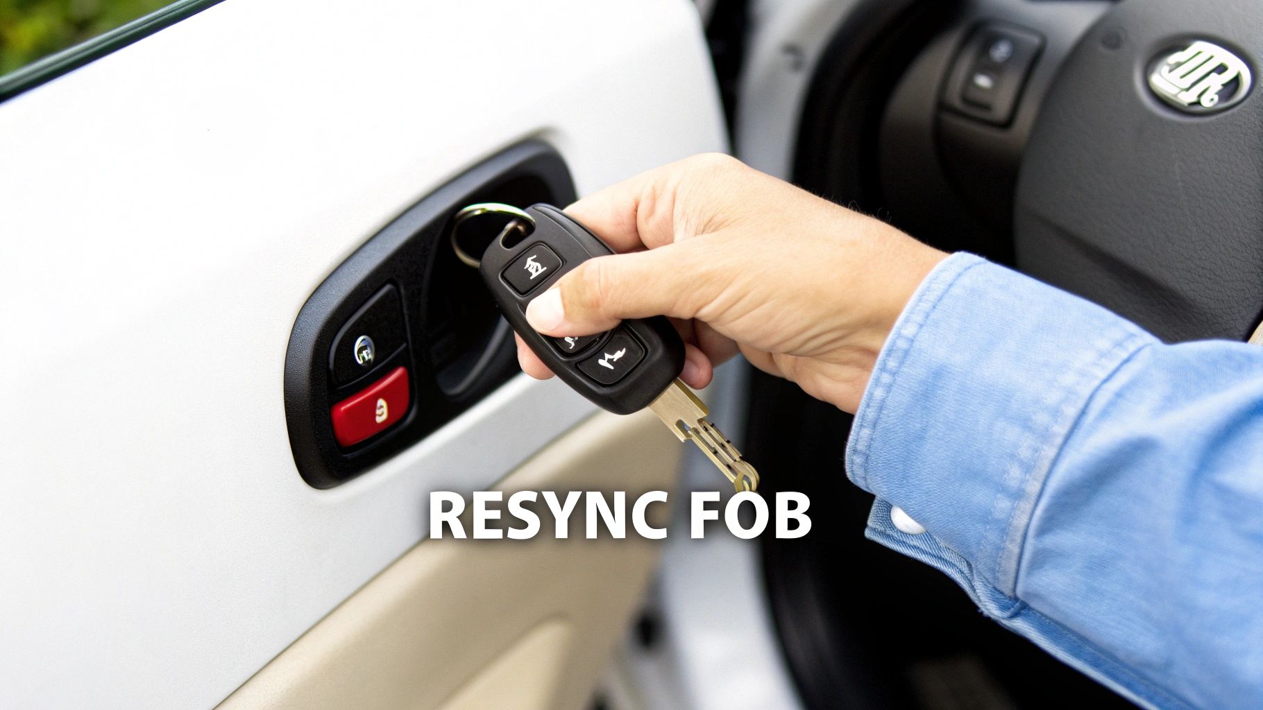 A person's hand holds a car key fob with a physical key near car door lock buttons.