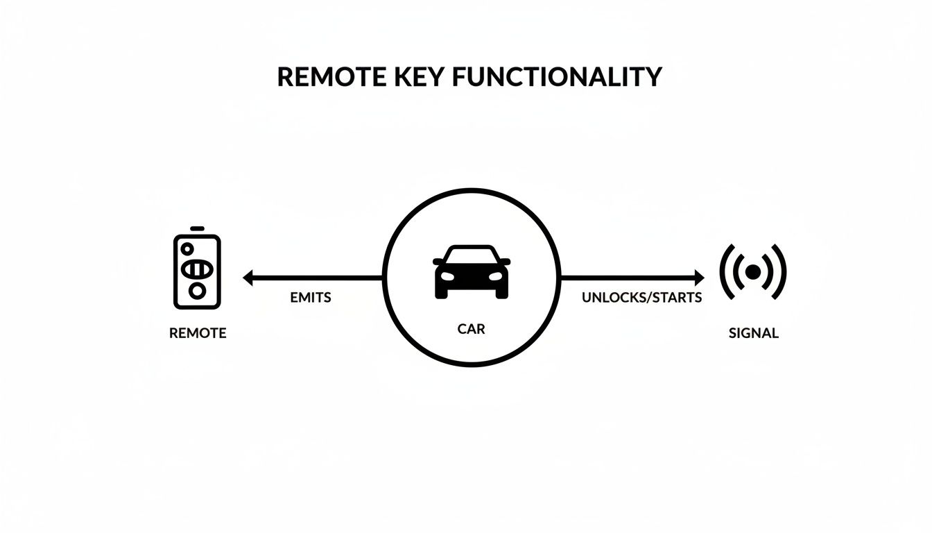 Diagram illustrating remote key functionality: remote emits signal to car, which unlocks or starts via a signal.