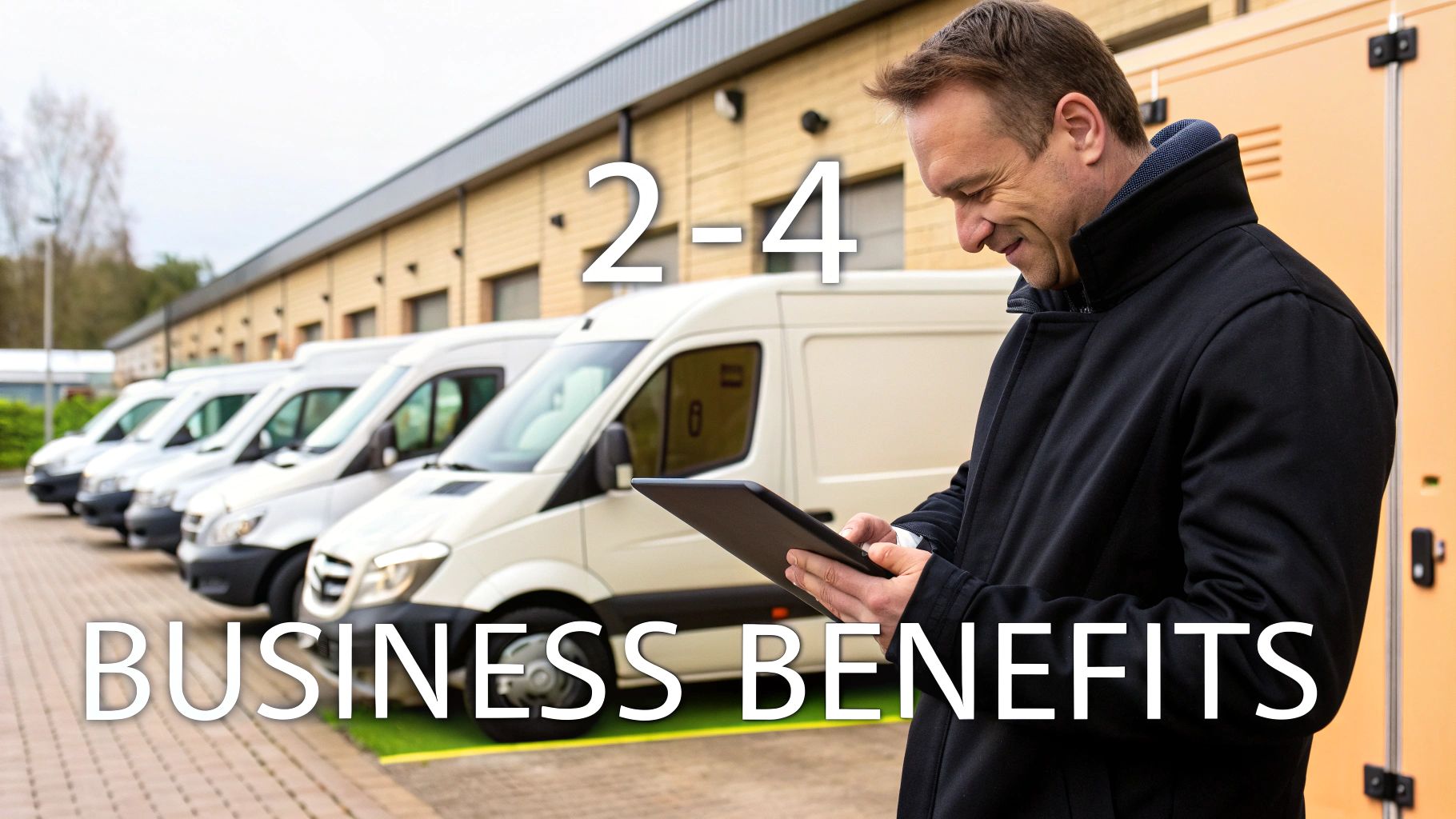 A smiling businessman holds a tablet in front of a fleet of white delivery vans, highlighting business benefits.