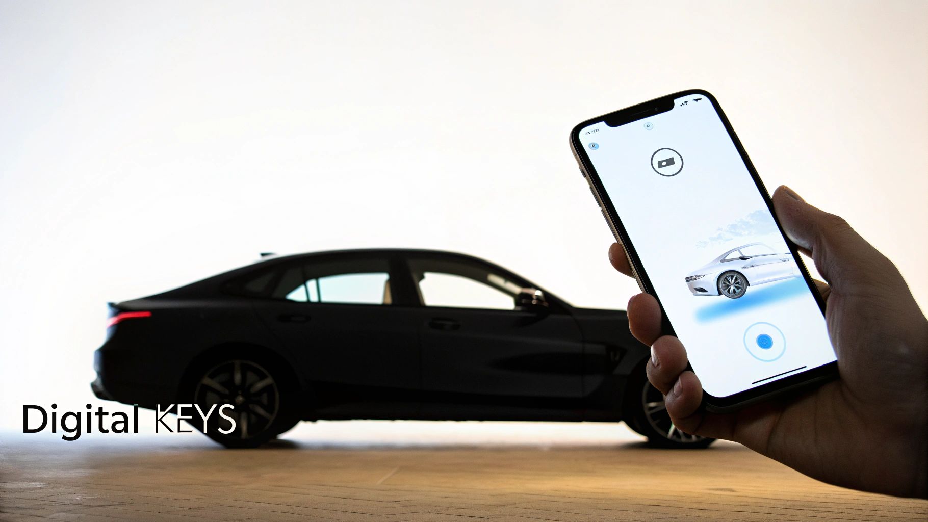 Hand holding a smartphone displaying a digital car key app, with a dark car in the background.
