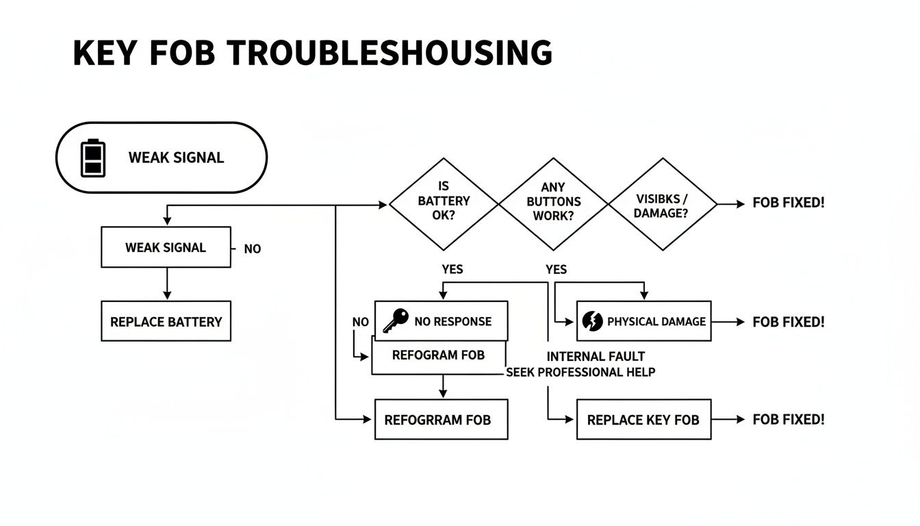 Flowchart detailing key fob troubleshooting steps, including battery check, signal issues, and repair options.