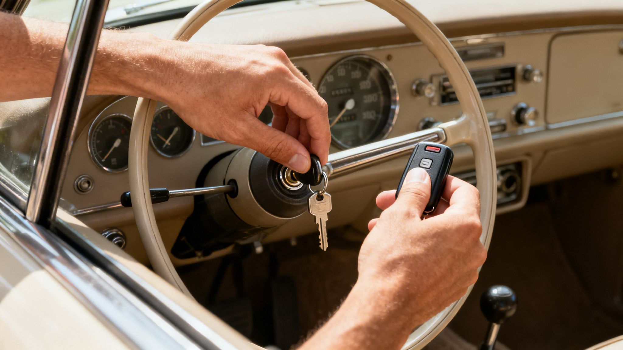 Hands inserting a classic car key into the ignition while holding a modern key fob.