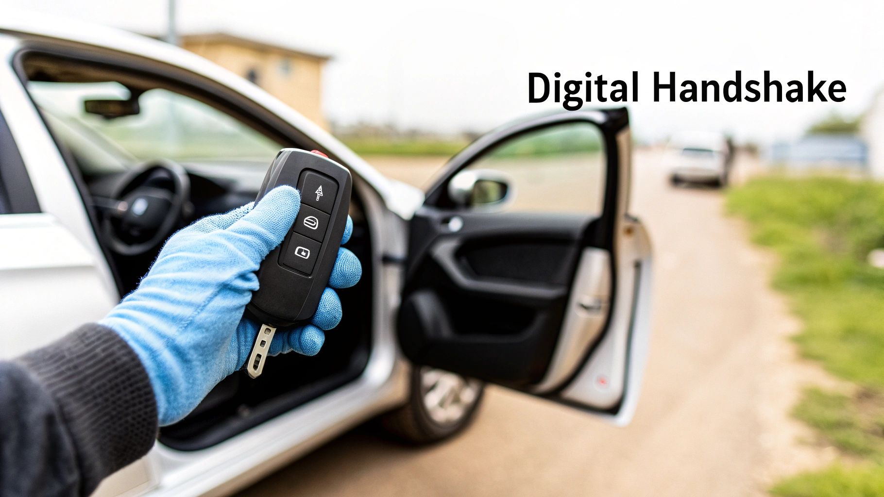 A gloved hand holds a car remote key near an open car door, suggesting digital access.