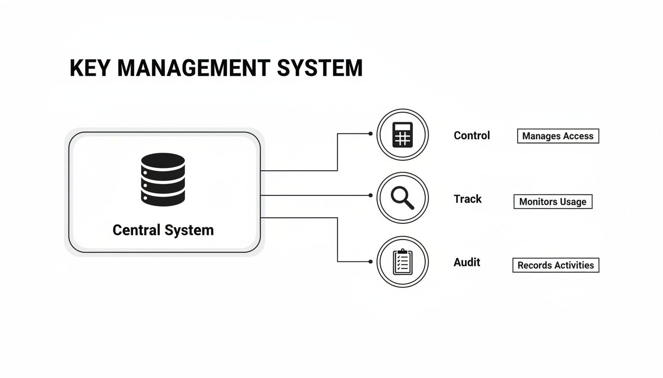 Diagram illustrating a key management system with a central database managing access, tracking usage, and auditing activities.