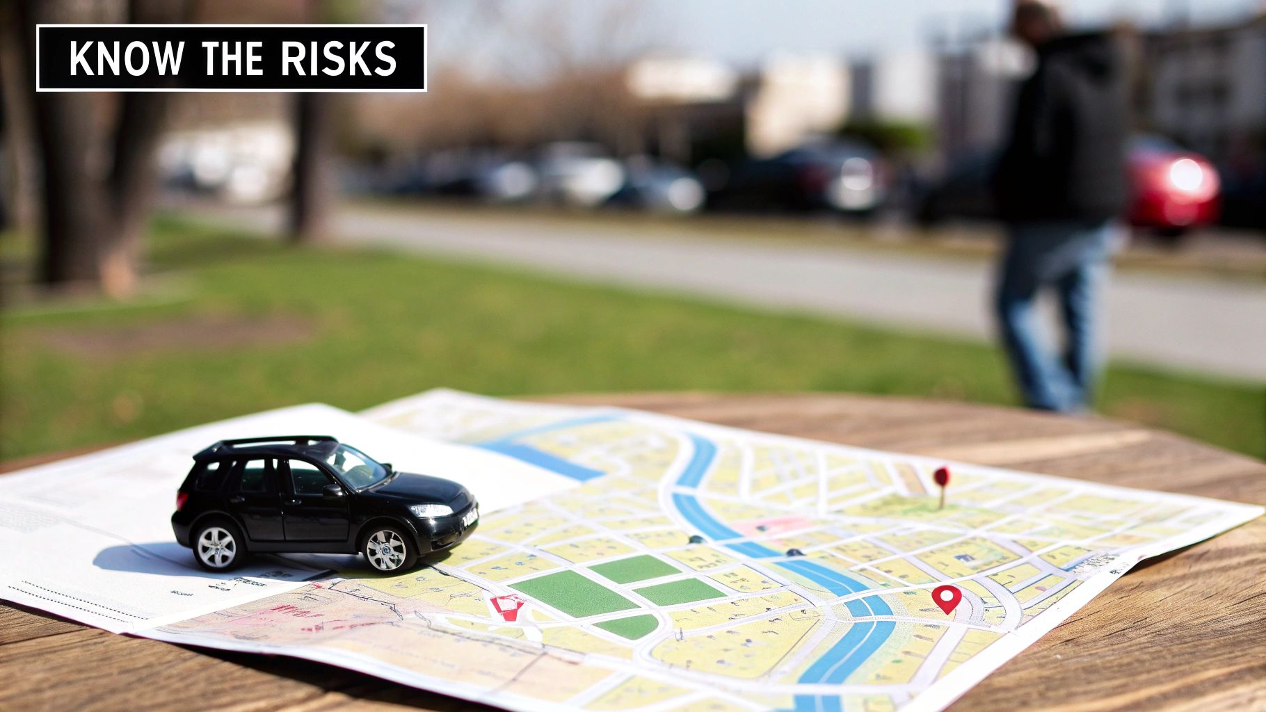 A black toy SUV on a road map with red pins, with text 'KNOW THE RISKS'.