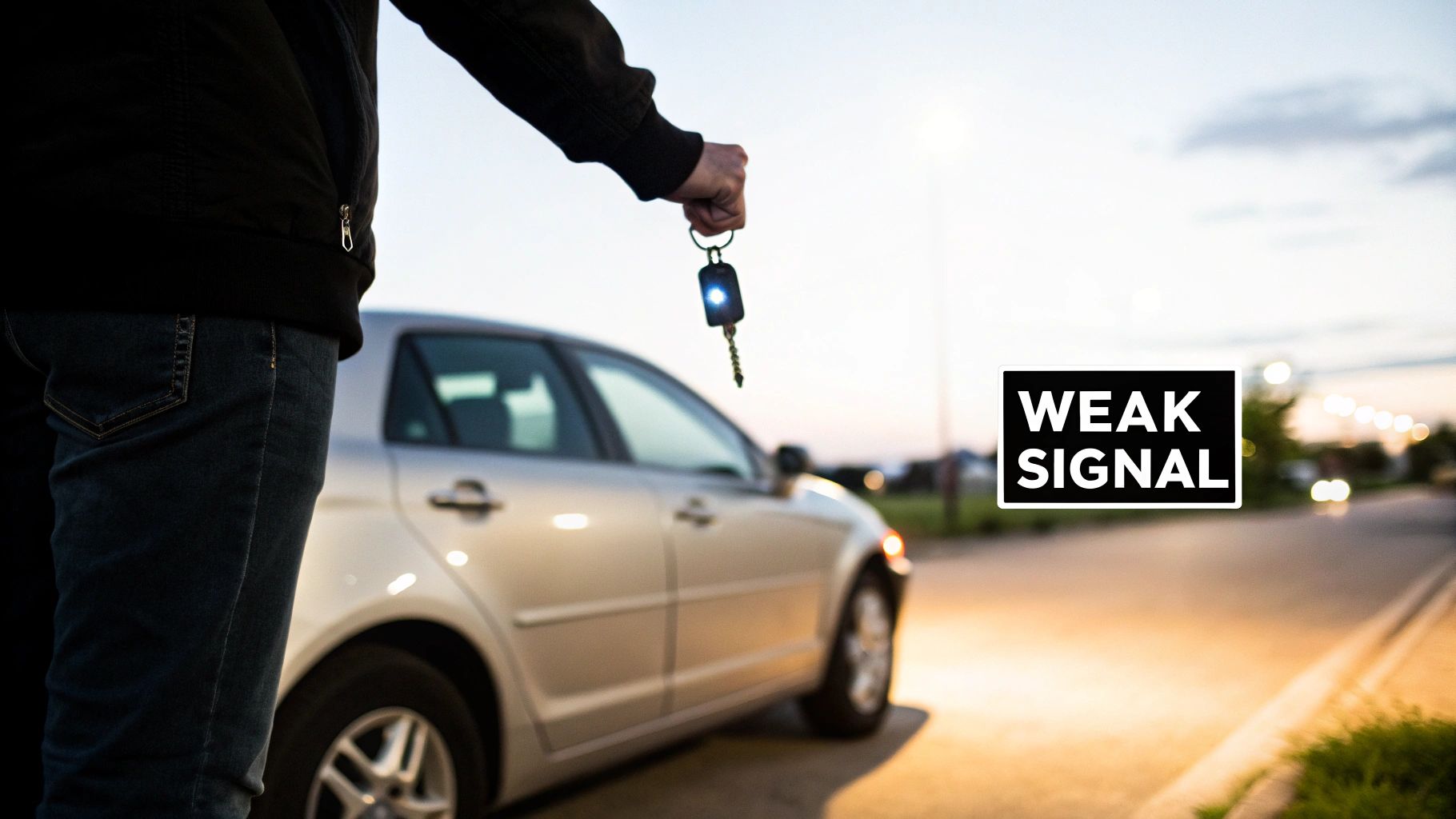 Hand holding a car key fob with a blue light, next to a silver car, and a 'WEAK SIGNAL' text.