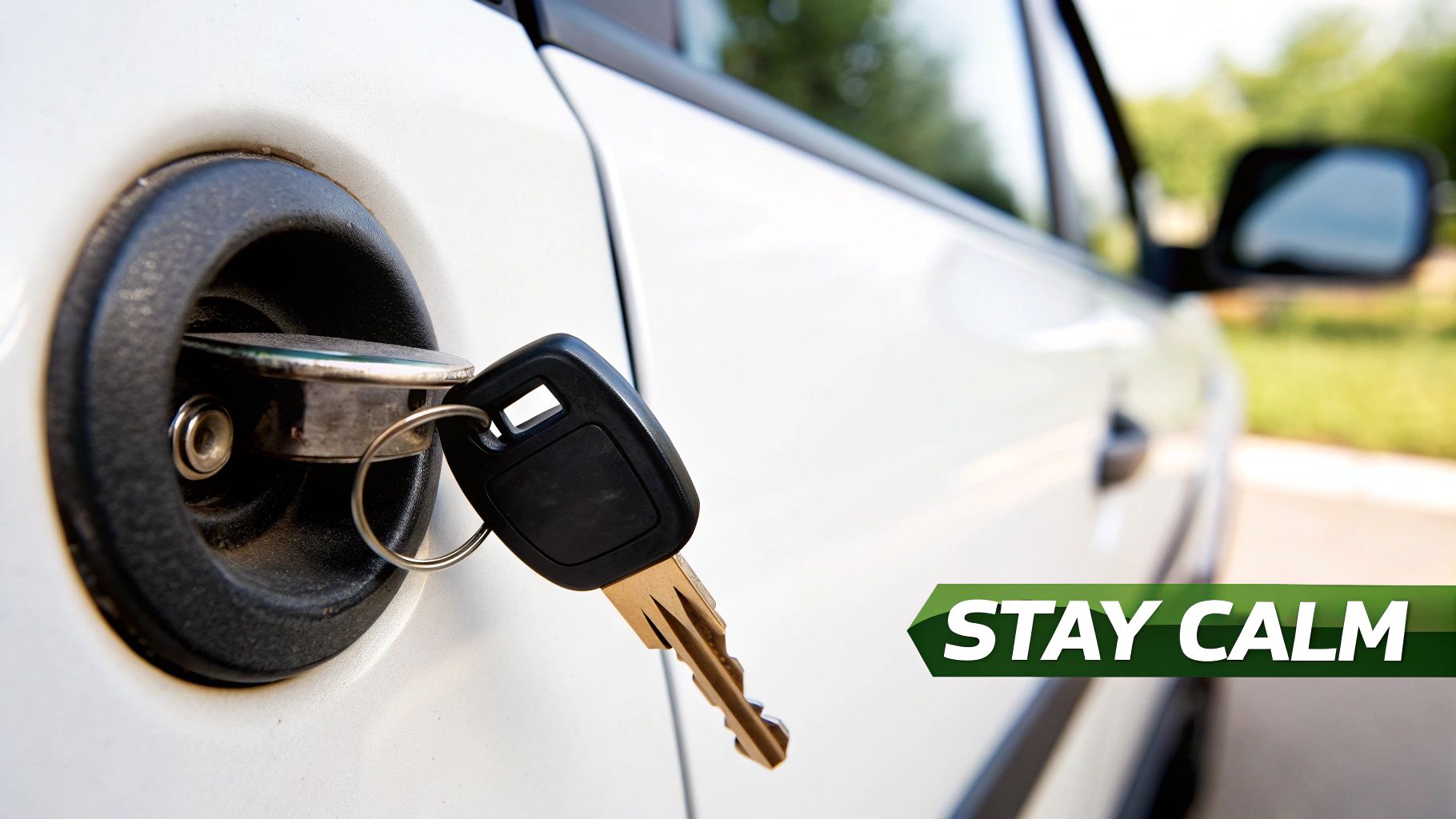 A black car key is inserted into the driver's side door lock of a white car.