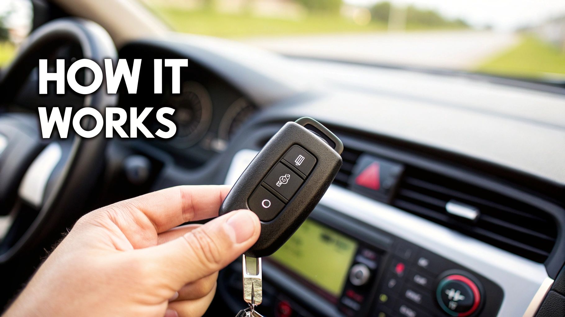 A hand holds a modern car key remote with buttons inside a car, with text 'HOW IT WORKS'.