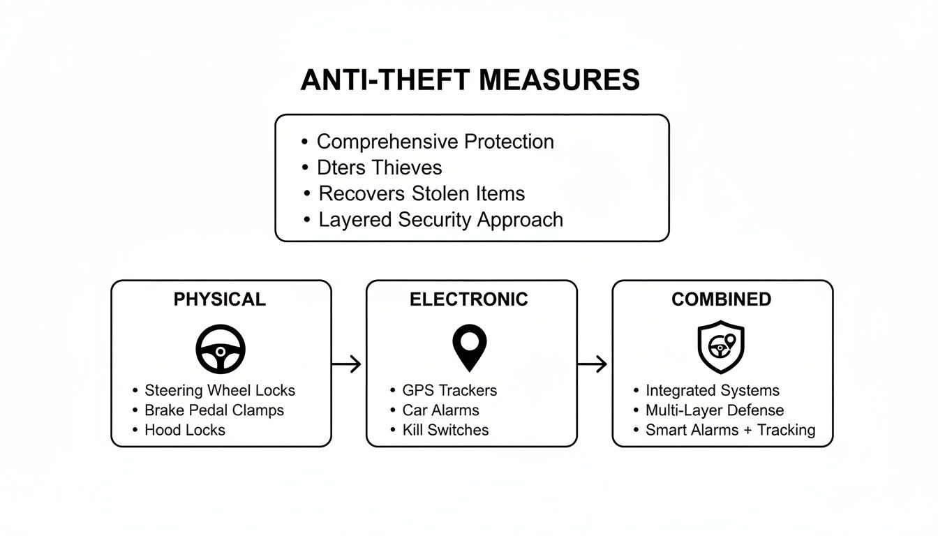 Diagram illustrating anti-theft measures, categorizing them into physical, electronic, and combined security options.