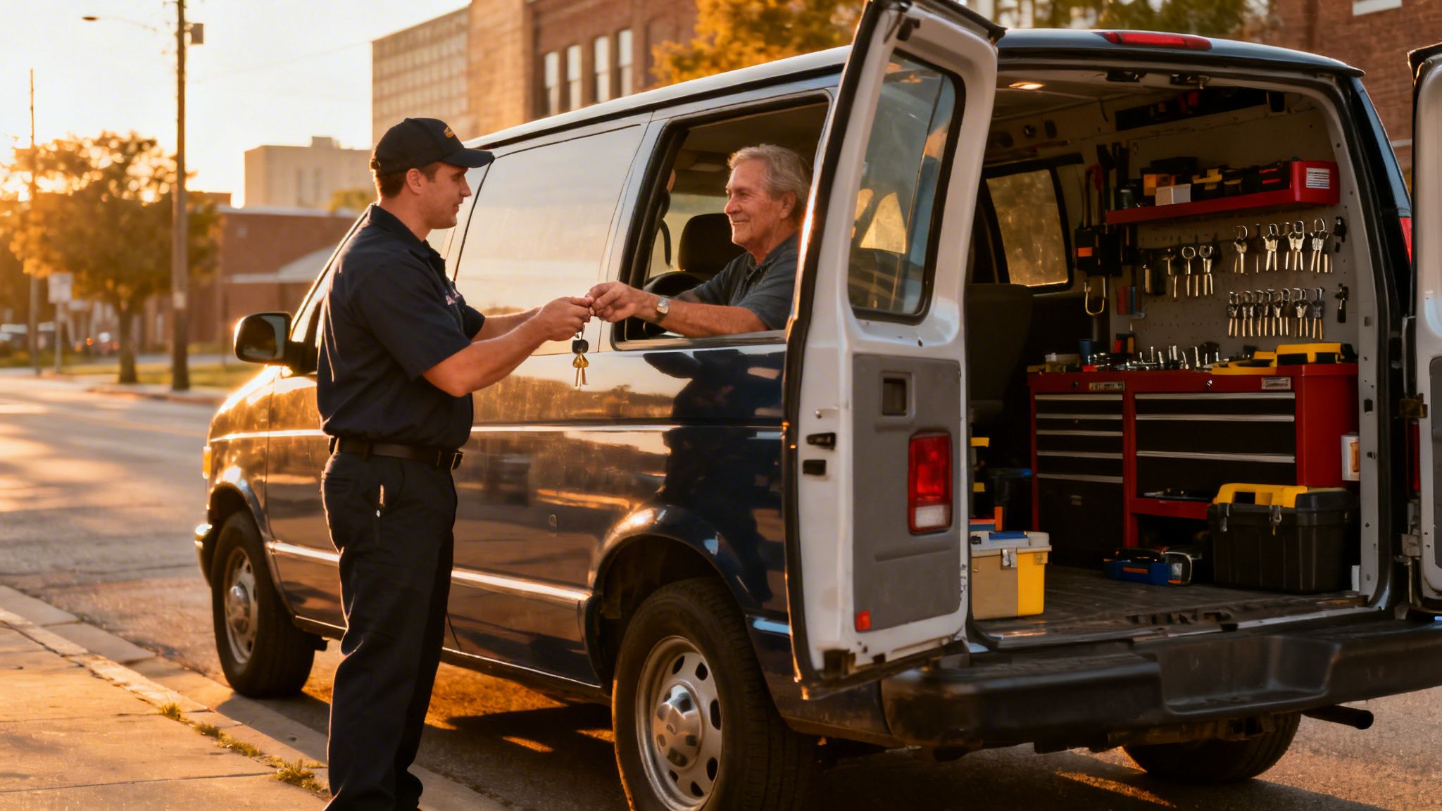 A locksmith hands keys to a customer inside a service van filled with tools at sunset.