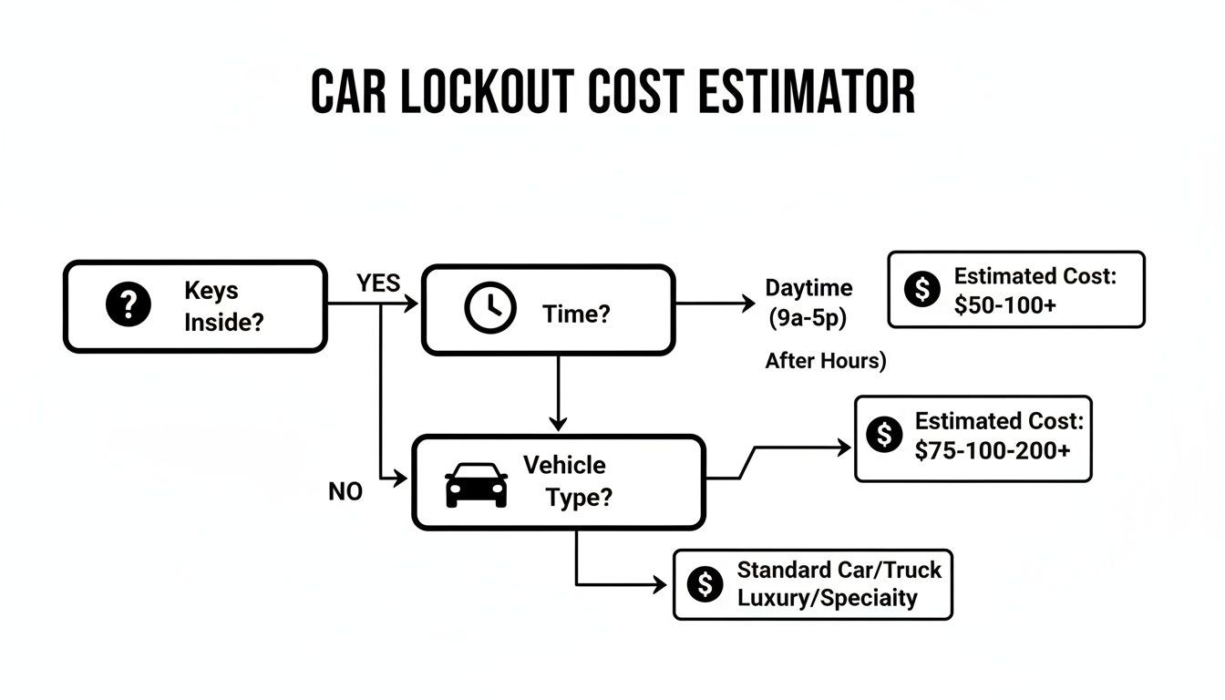 Flowchart estimating car lockout costs based on keys location, time of day, and vehicle type.