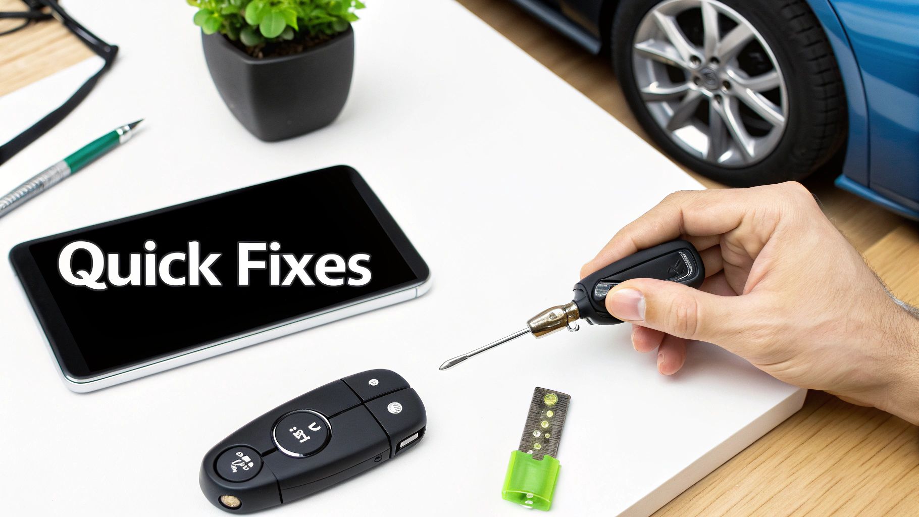 A hand uses a tiny screwdriver to repair a car key fob, with 'Quick Fixes' on a phone screen.