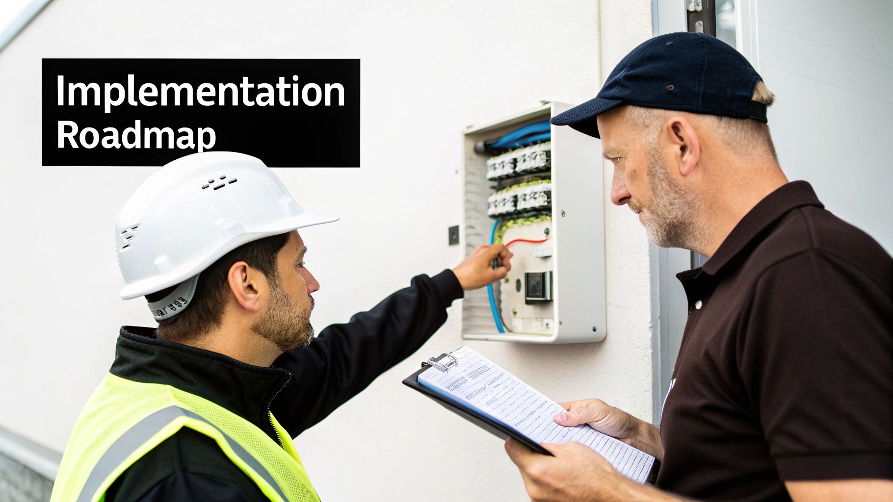 Two technicians inspecting an electrical panel, with 'Implementation Roadmap' on a black overlay.
