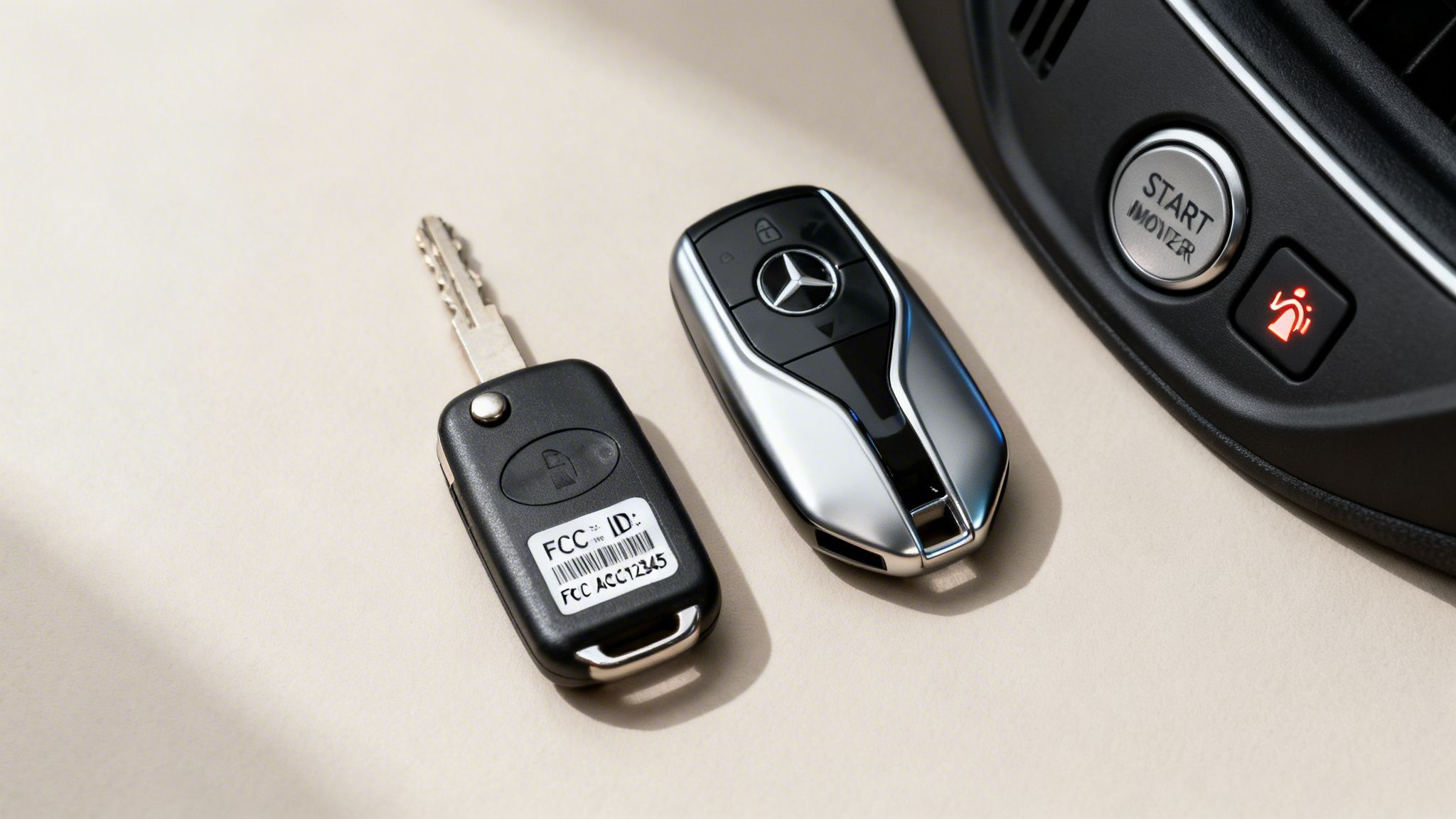 Two car keys, one traditional flip key and a modern Mercedes-Benz key fob, next to a car's ignition.
