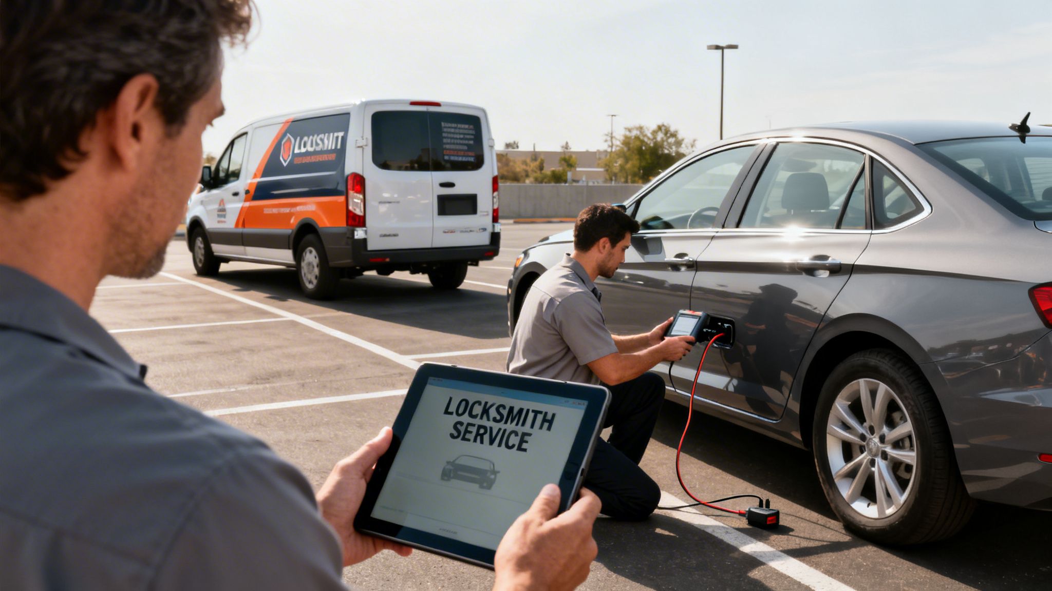 Two locksmiths are performing a service on a grey car in a parking lot, one using a tablet and the other connecting a device.