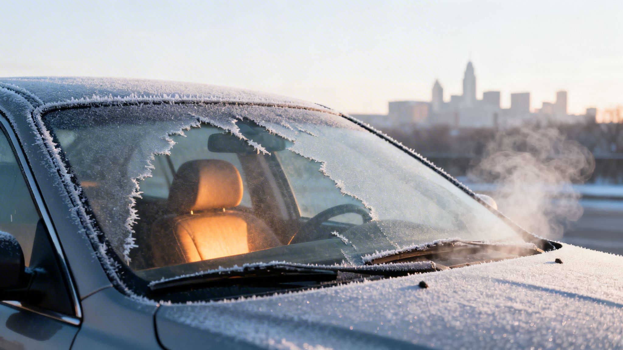 A frosted car windshield with a defrosted patch and steam rising, a city skyline in the background.