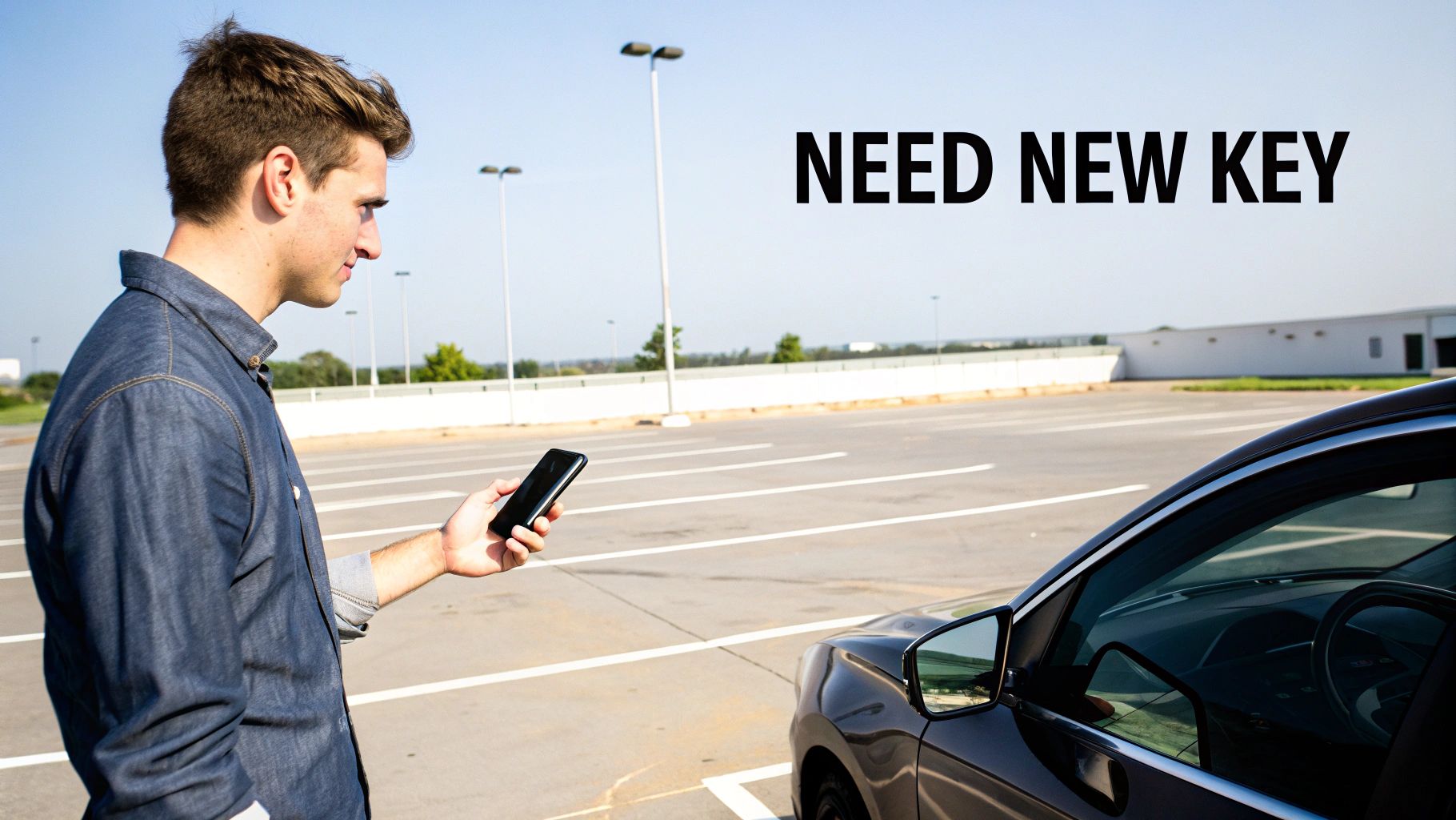 A man holding a smartphone stands next to his car in a parking lot, with text 'NEED NEW KEY'.