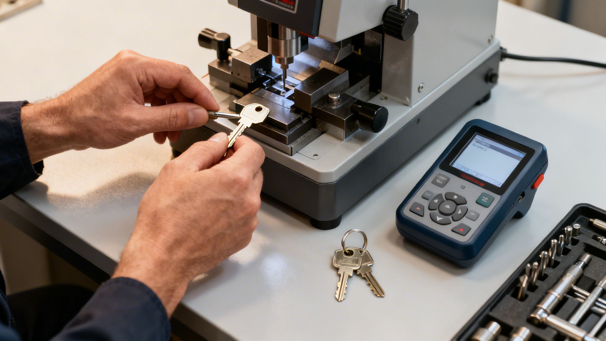 Close-up of a person's hands operating a key cutting machine to duplicate a key.