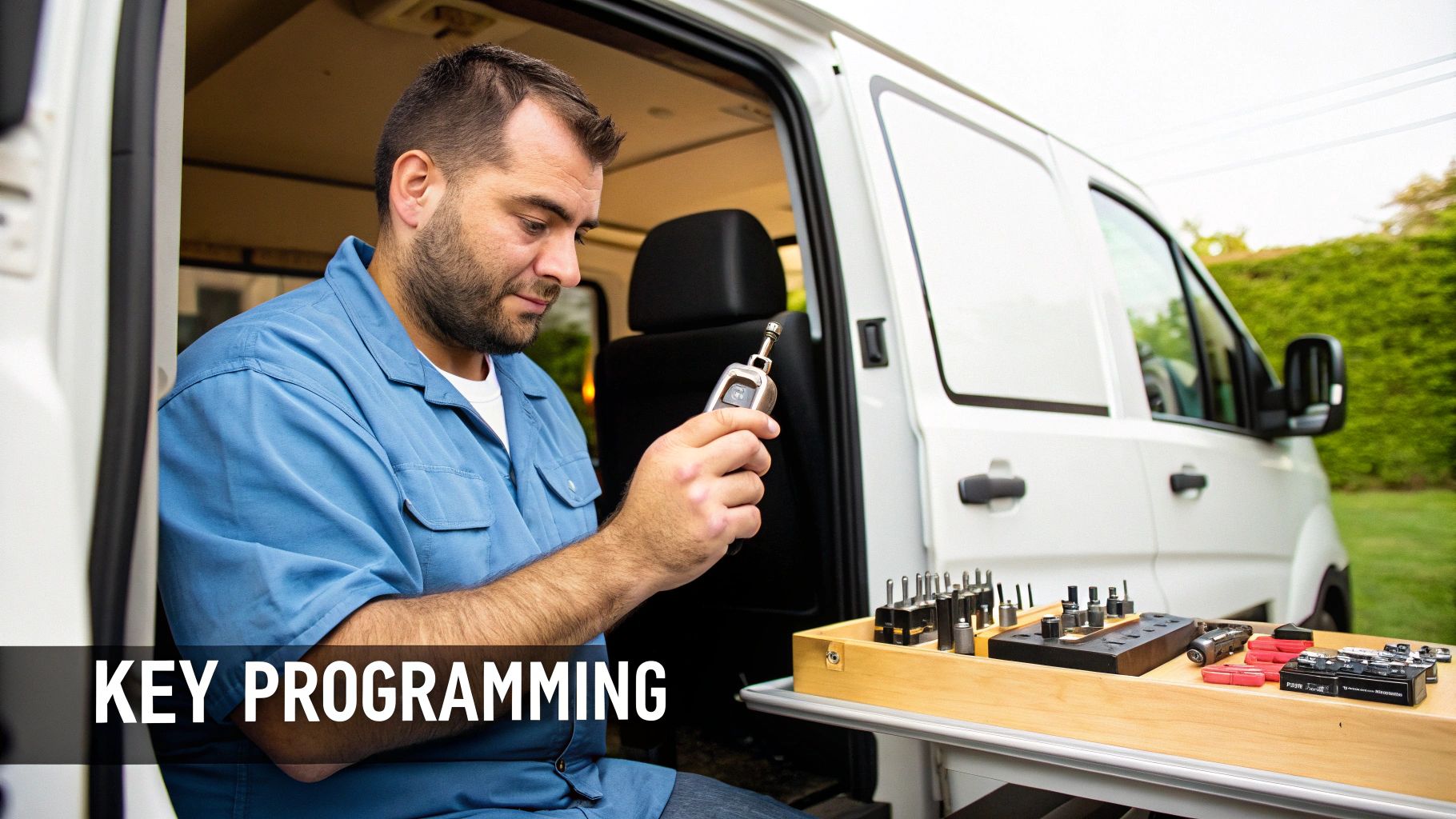 A male locksmith in a van programming a car key fob with tools on a table.