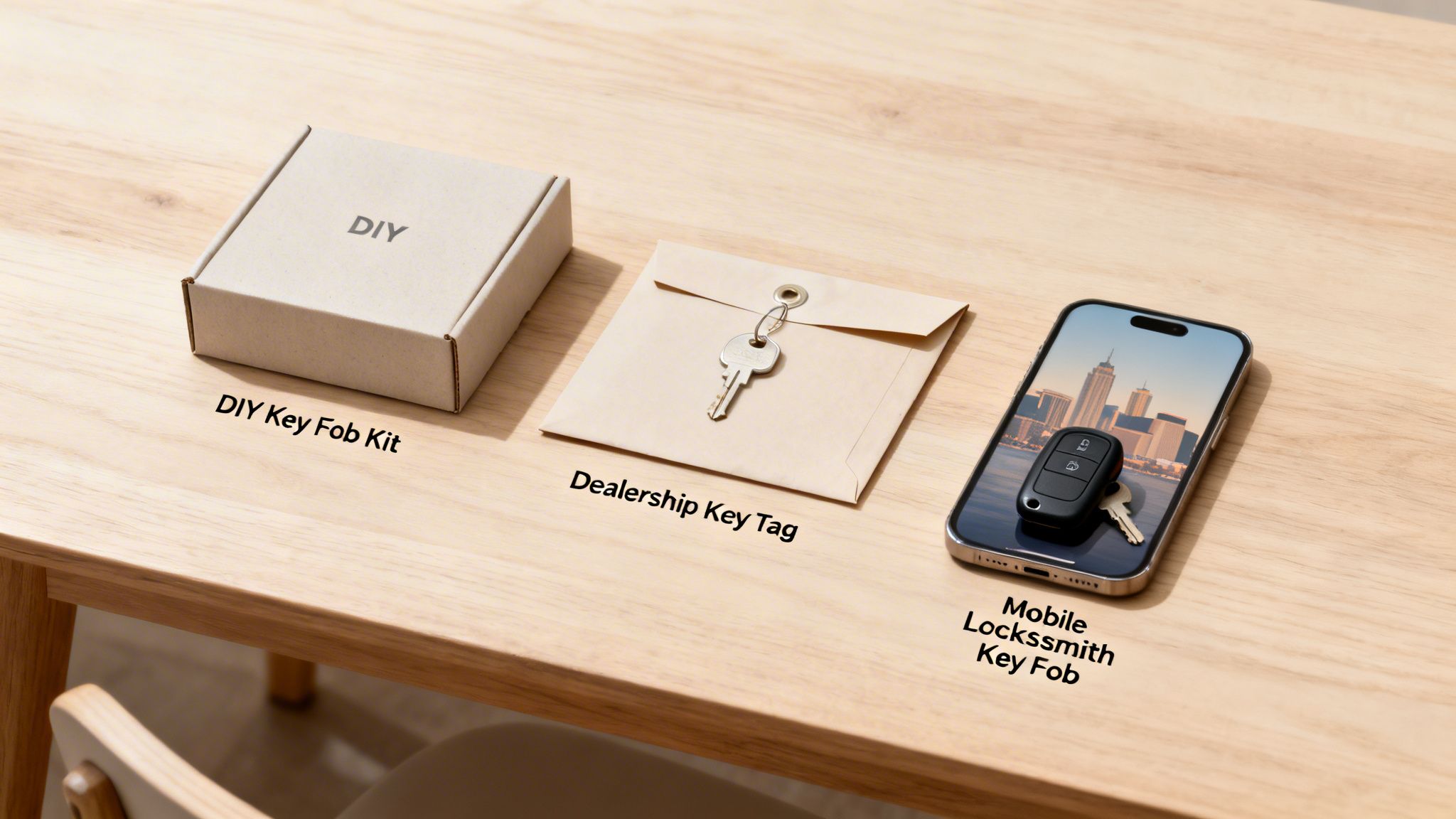 Three car key duplication methods displayed: a DIY kit box, a dealership key tag, and a mobile locksmith key fob on a phone.