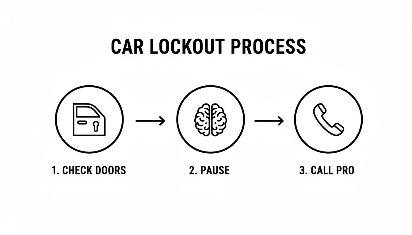 A visual flowchart outlining the three-step car lockout process: check doors, pause, and call a professional.