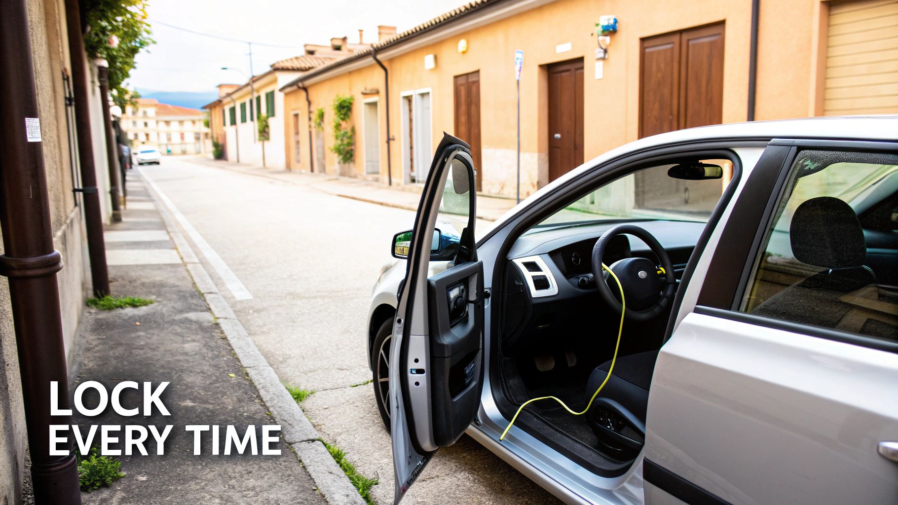 An open driver's door of a silver car parked on a street with a 'LOCK EVERY TIME' message.