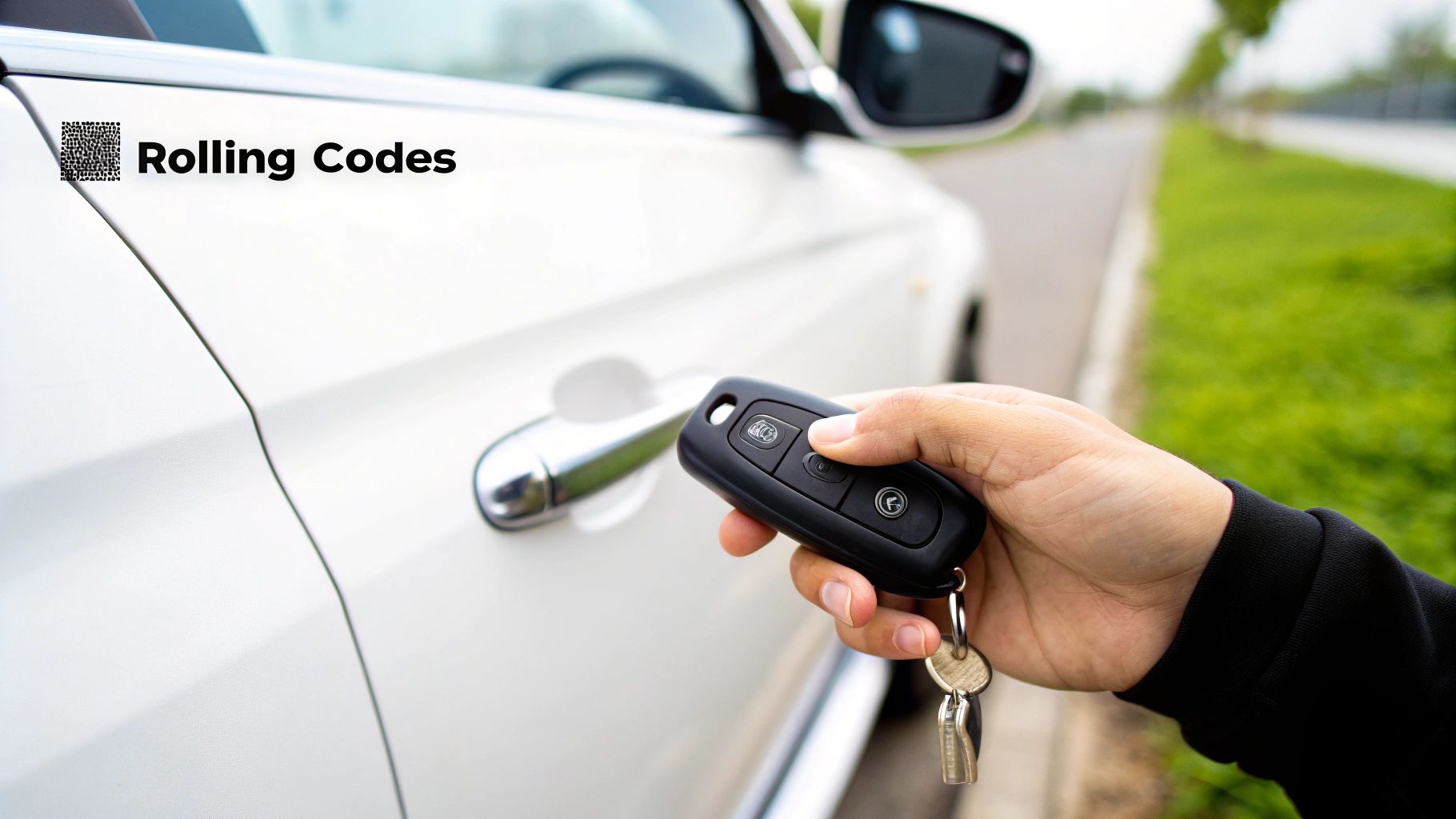 A hand holds a black car key fob, pressing a button to unlock a white car door.
