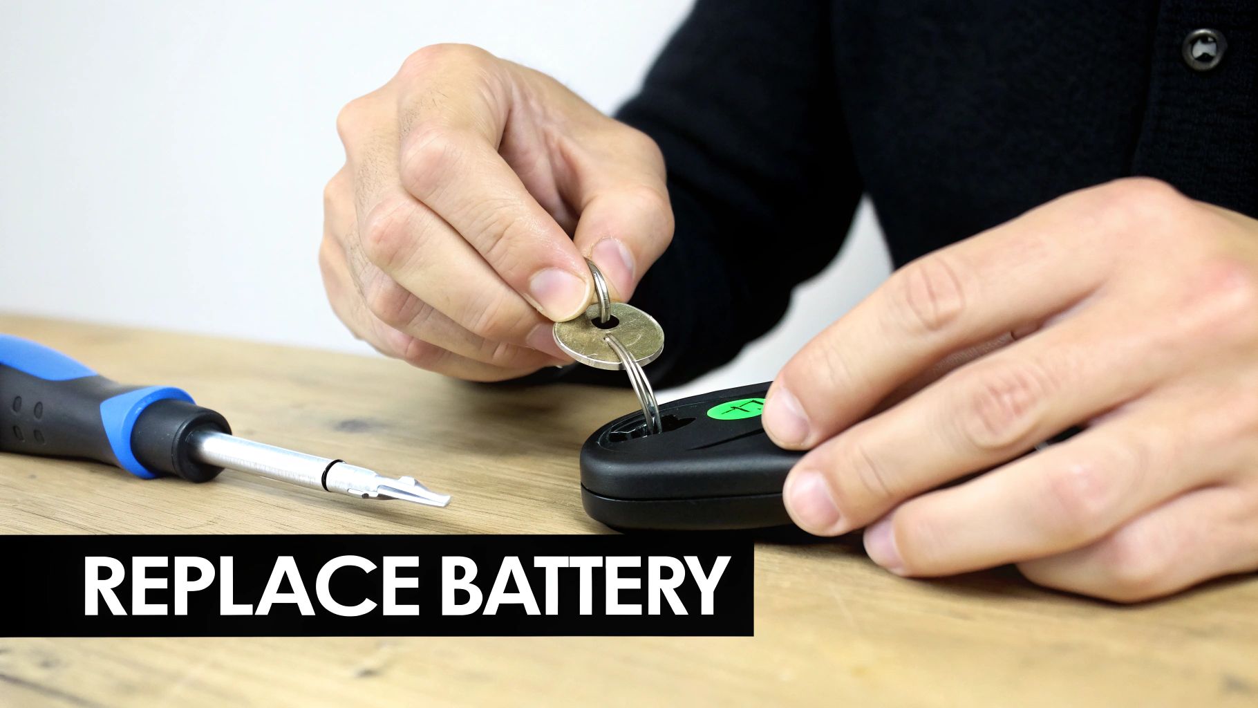 Hands using a key to pry open a car key remote on a wooden table, next to a screwdriver.