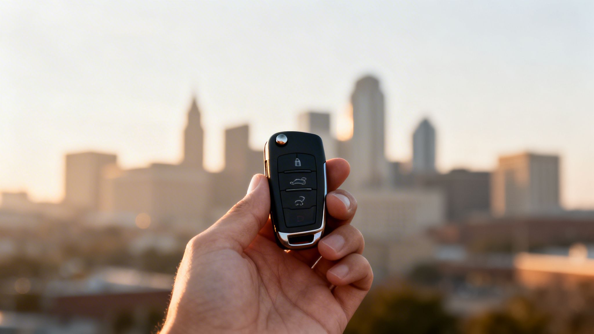 A hand holds a black car remote key against a blurred city skyline at sunset.