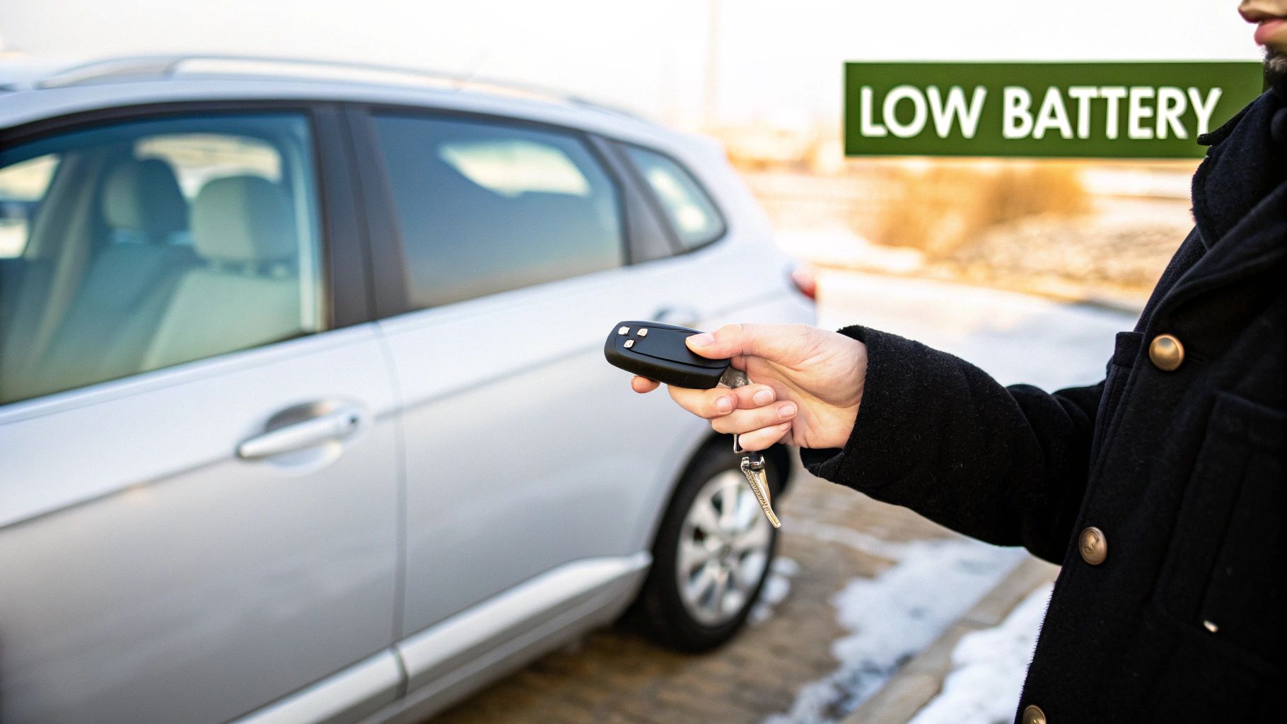 Person's hand holding a car key fob with a 'LOW BATTERY' warning next to a silver car.