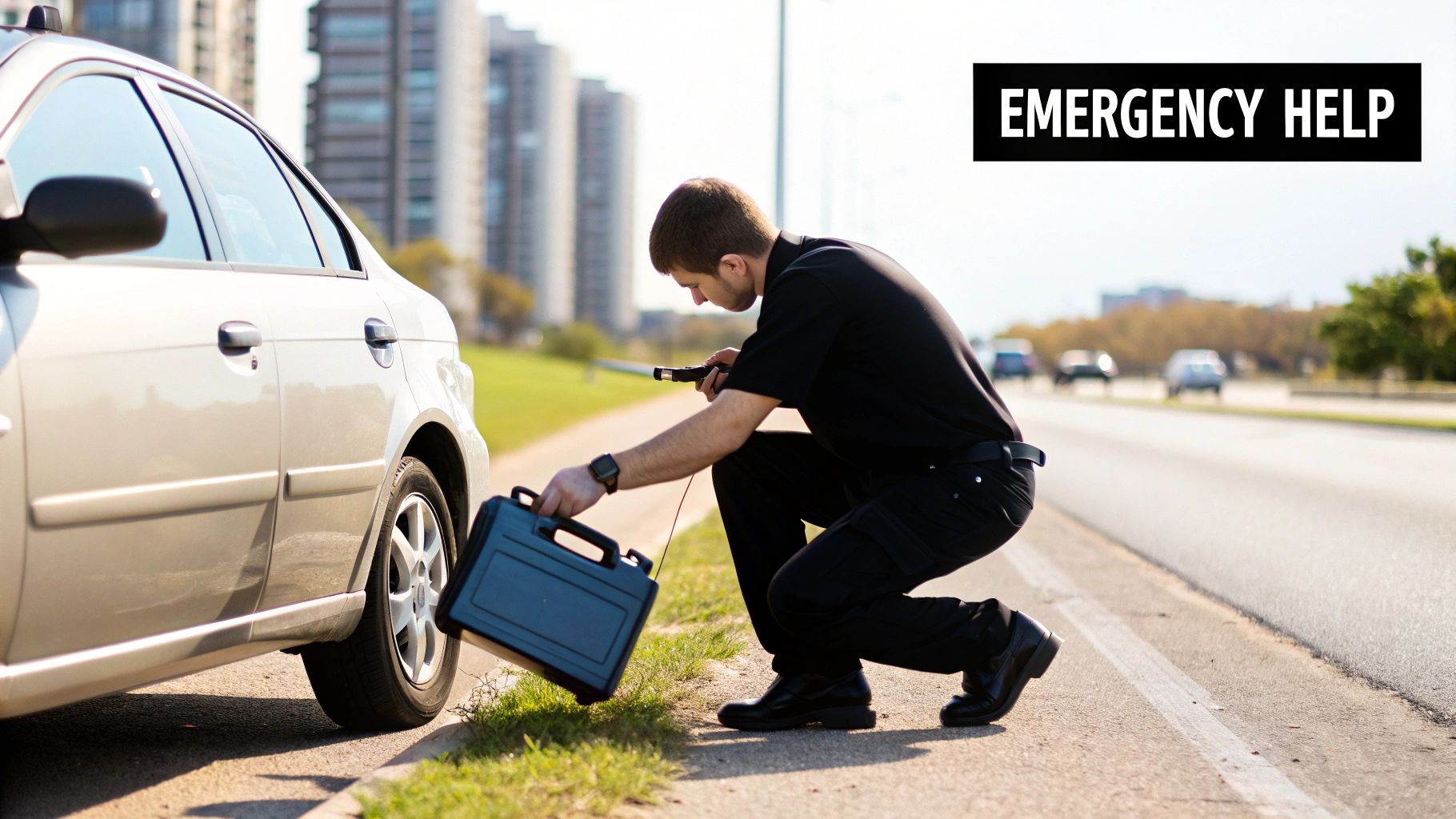 A man in black uniform crouches beside a silver car on the roadside, holding tools and a toolbox, with 'EMERGENCY HELP' text in a black box.