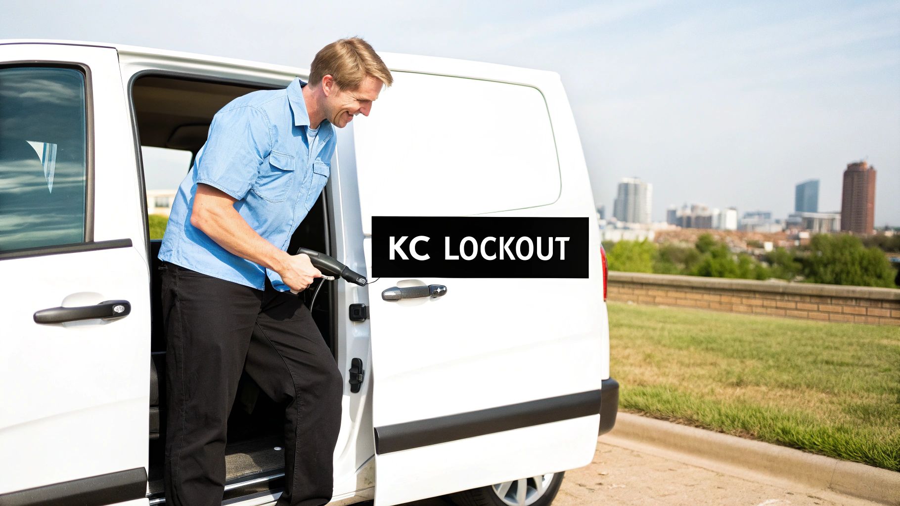 A smiling man exits a white van holding a tool, with a 'KC LOCKOUT' sign and city skyline.